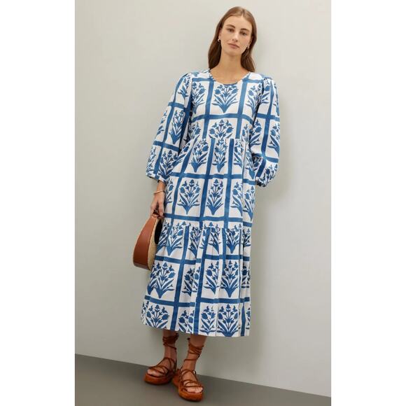 SZ Blockprints Orti Blue Floral Cotton Dress - Picture 1 of 11